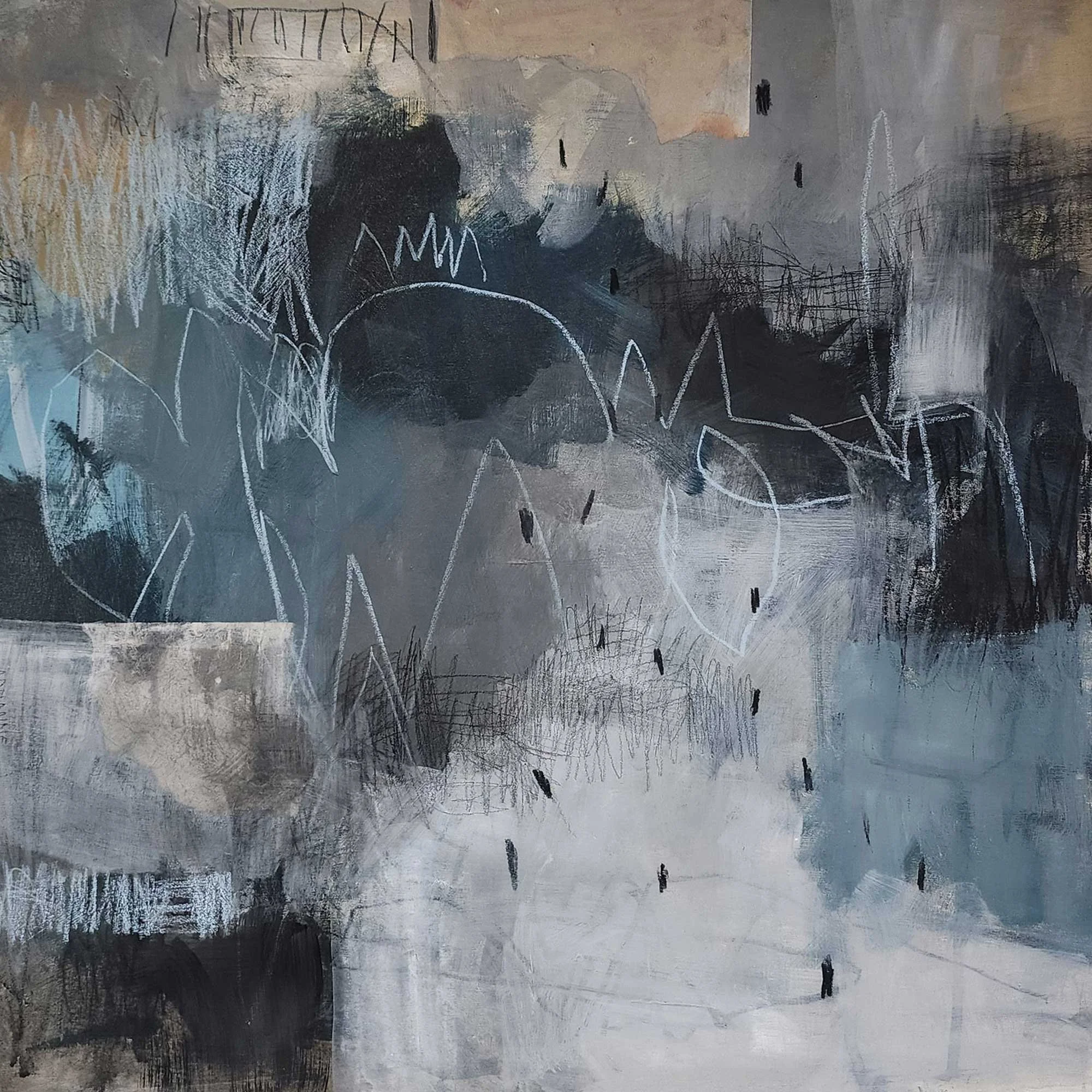 Abstract painting with black, white, gray, and light brown tones, featuring scribbles, crosses, and layered textures.