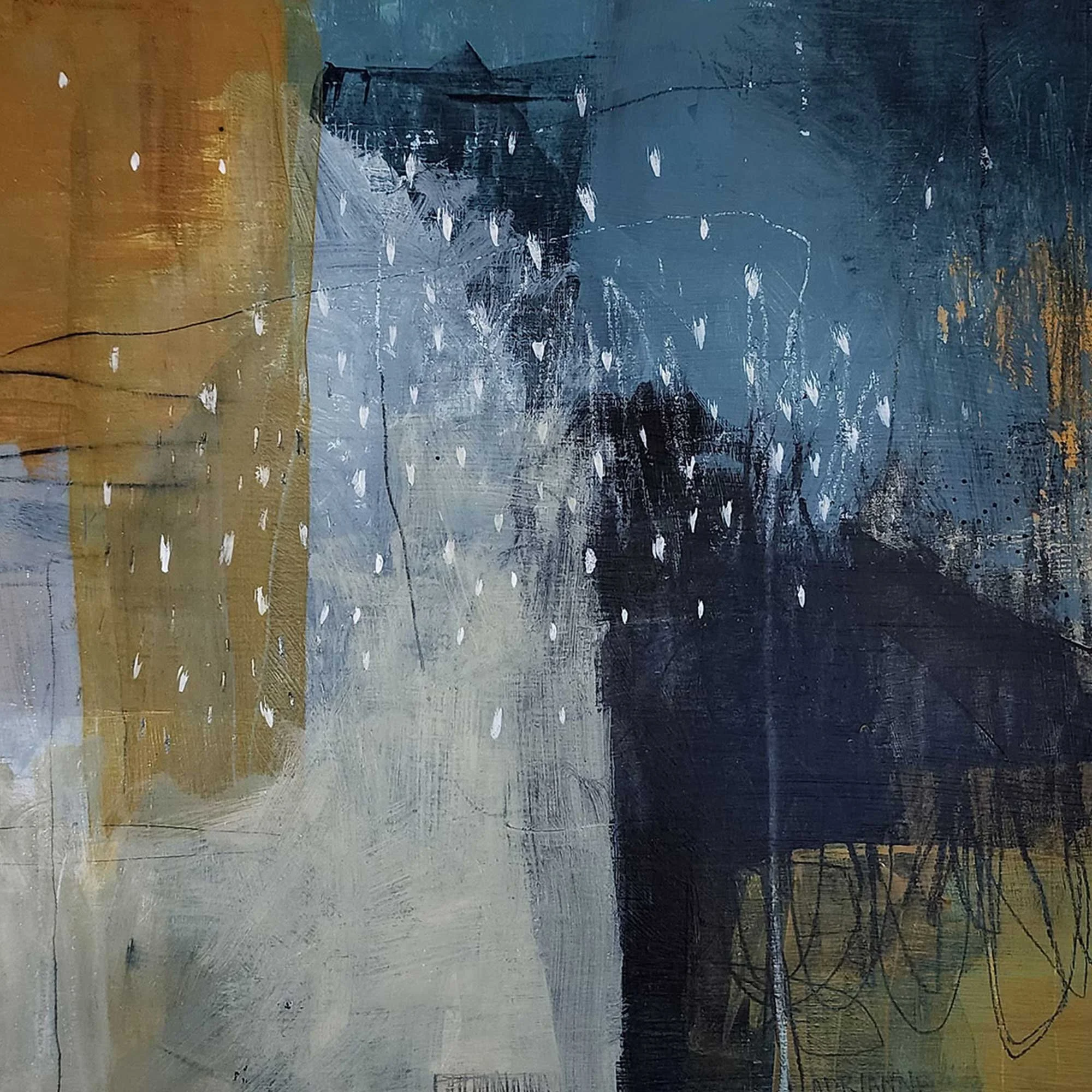 Abstract painting with shades of blue, yellow, and black, featuring white patterned dots and scribbled lines.