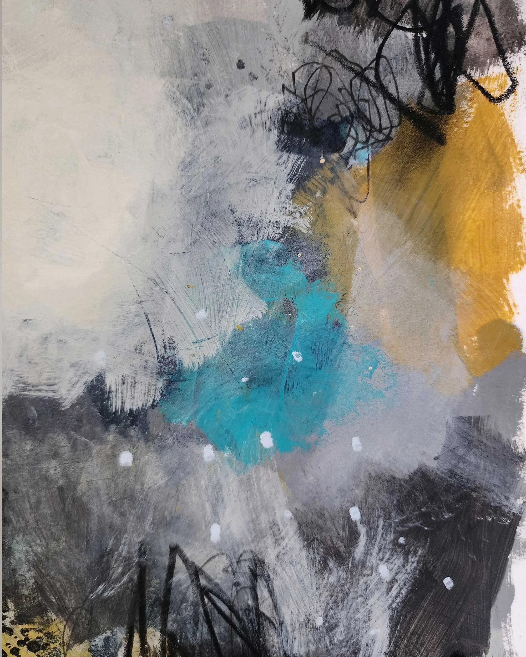 Close-up detail of abstract marks in The Light Doesn’t Ask painting