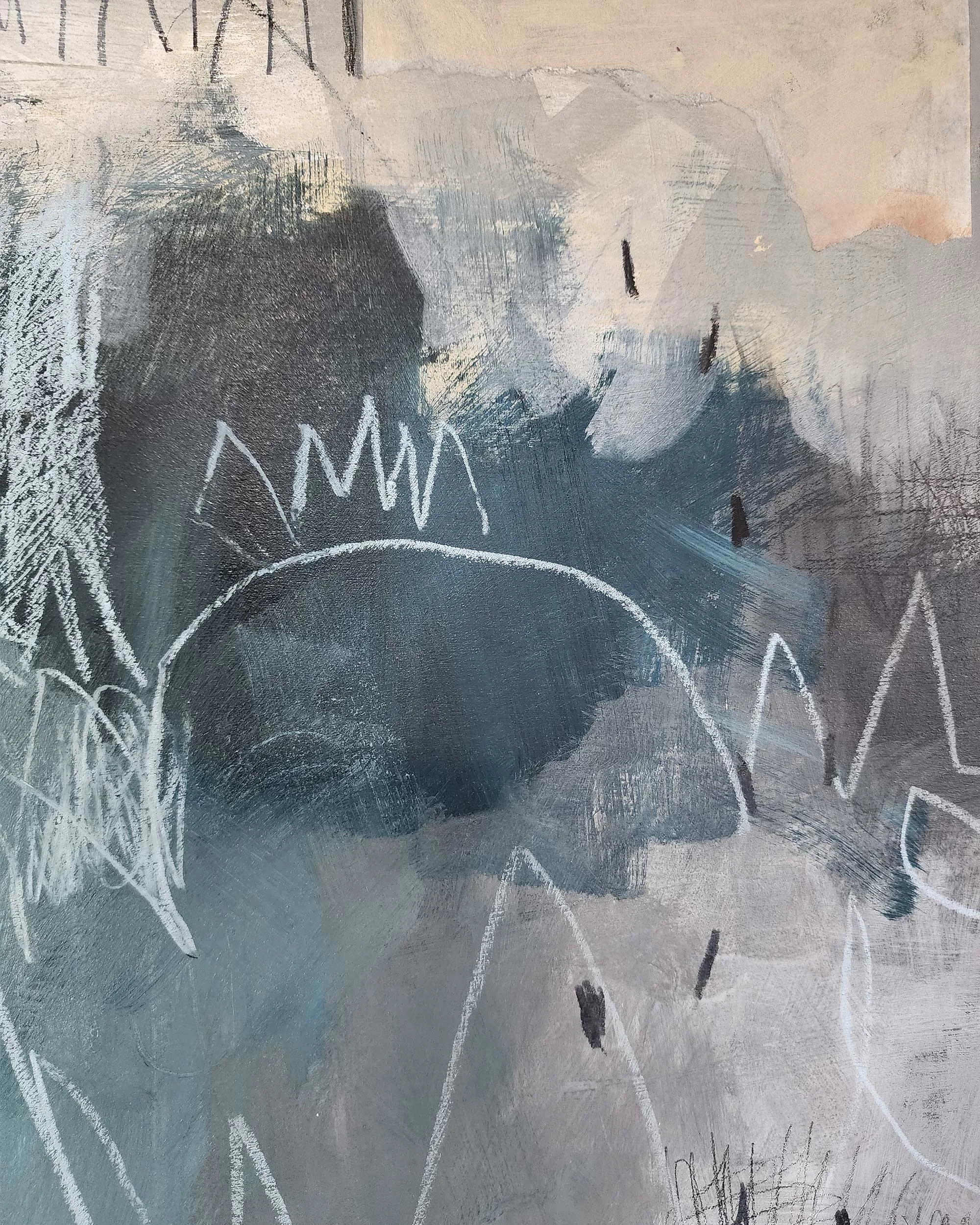 Detail of layered collage and graphite marks in Goodnight painting