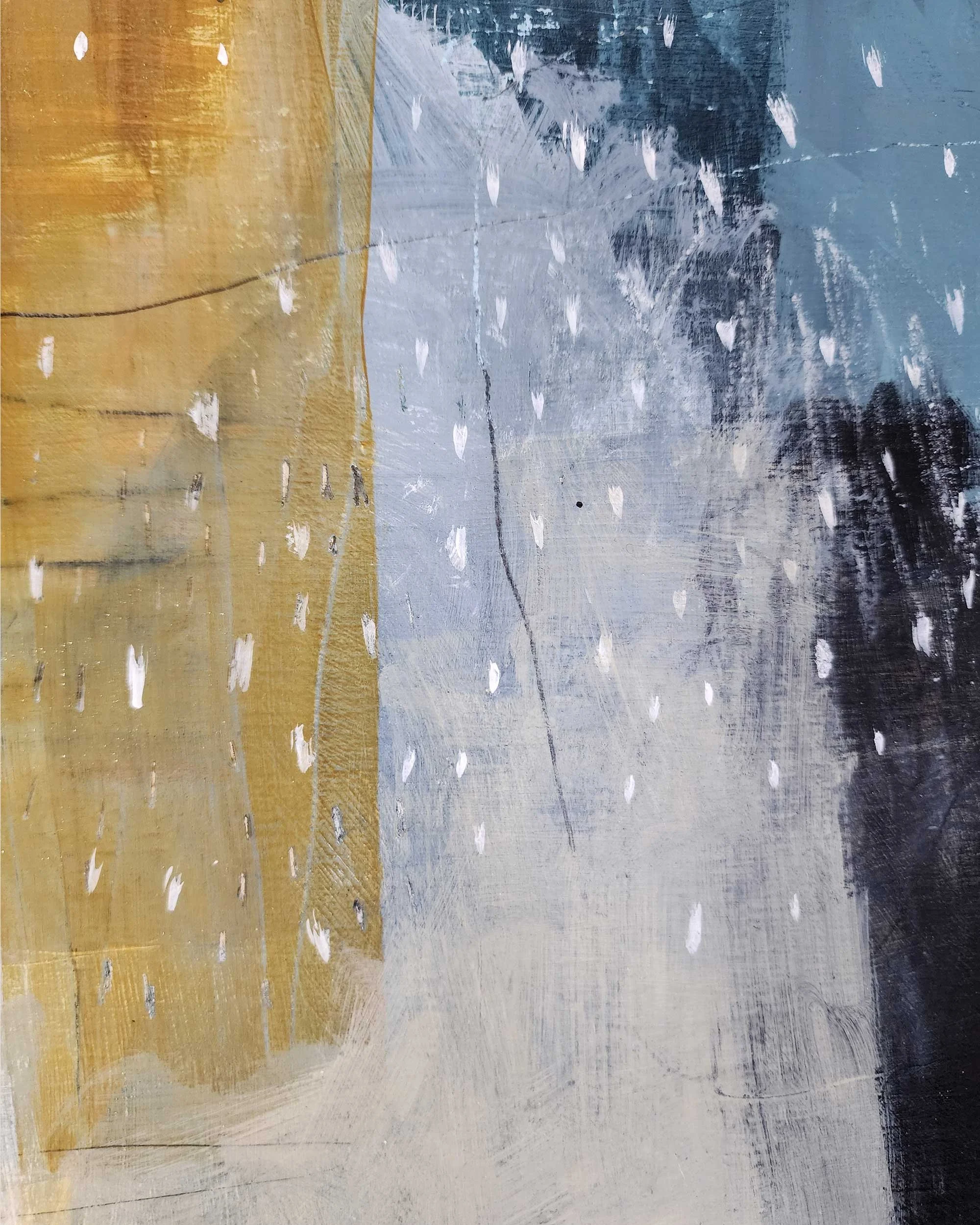 Close-up detail of The Way Grace Arrives, abstract mixed media artwork showing surface texture and line.