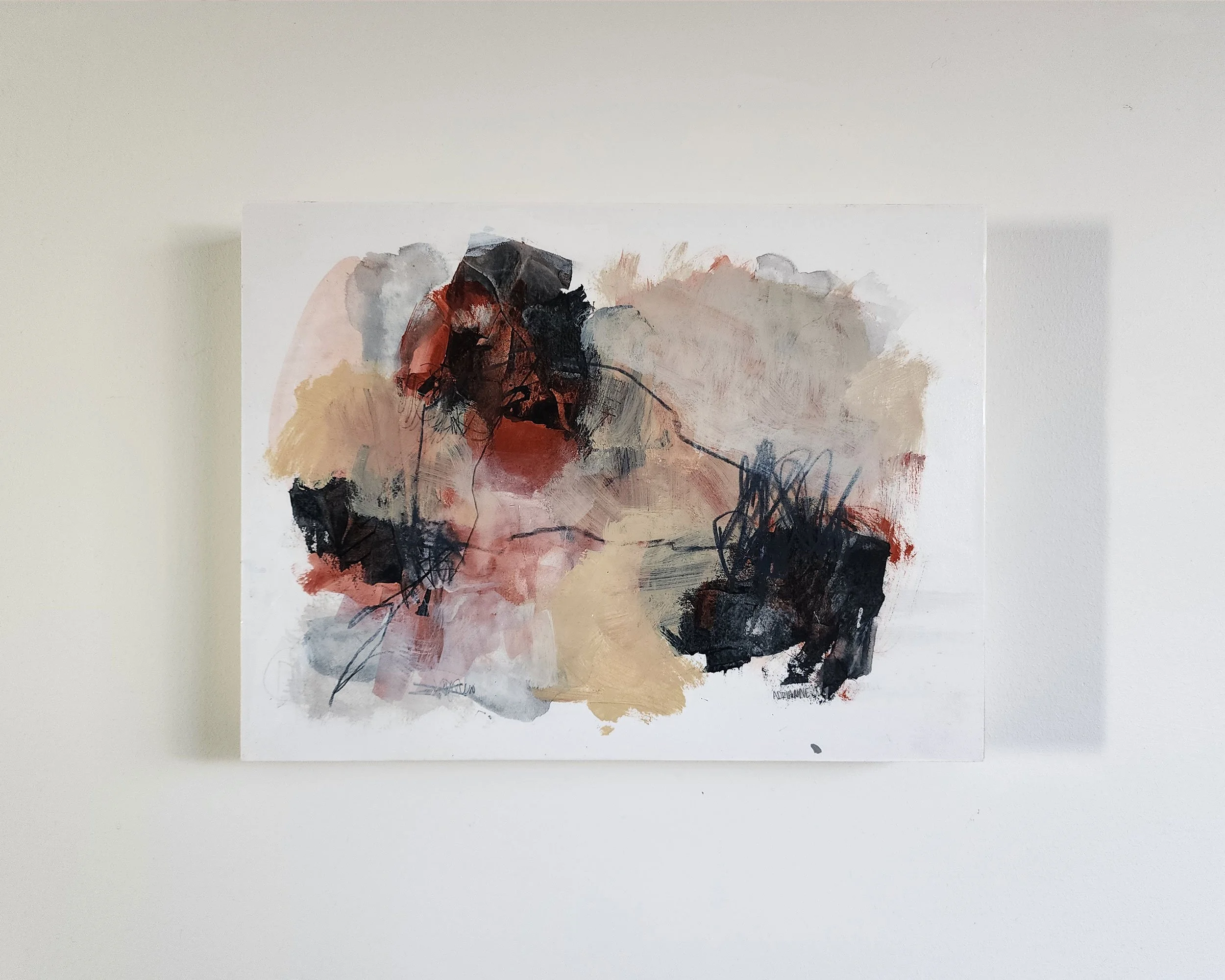 Communion, abstract mixed media painting by Adrianne Johnson, acrylic, pastel, and graphite on paper mounted to wood, 12x9 inches.