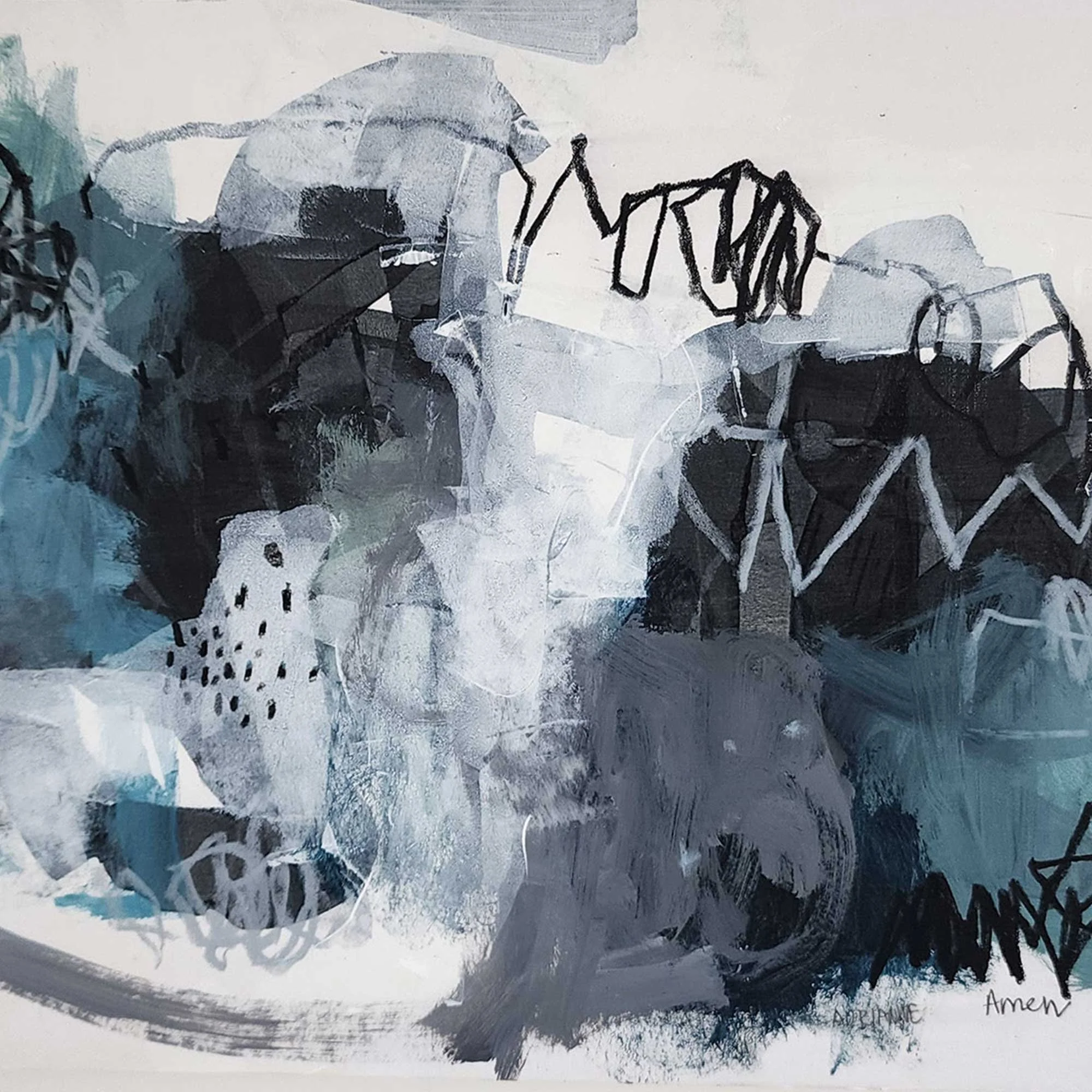 Abstract painting with shades of black, gray, white, and teal, featuring various shapes, lines, and textures.