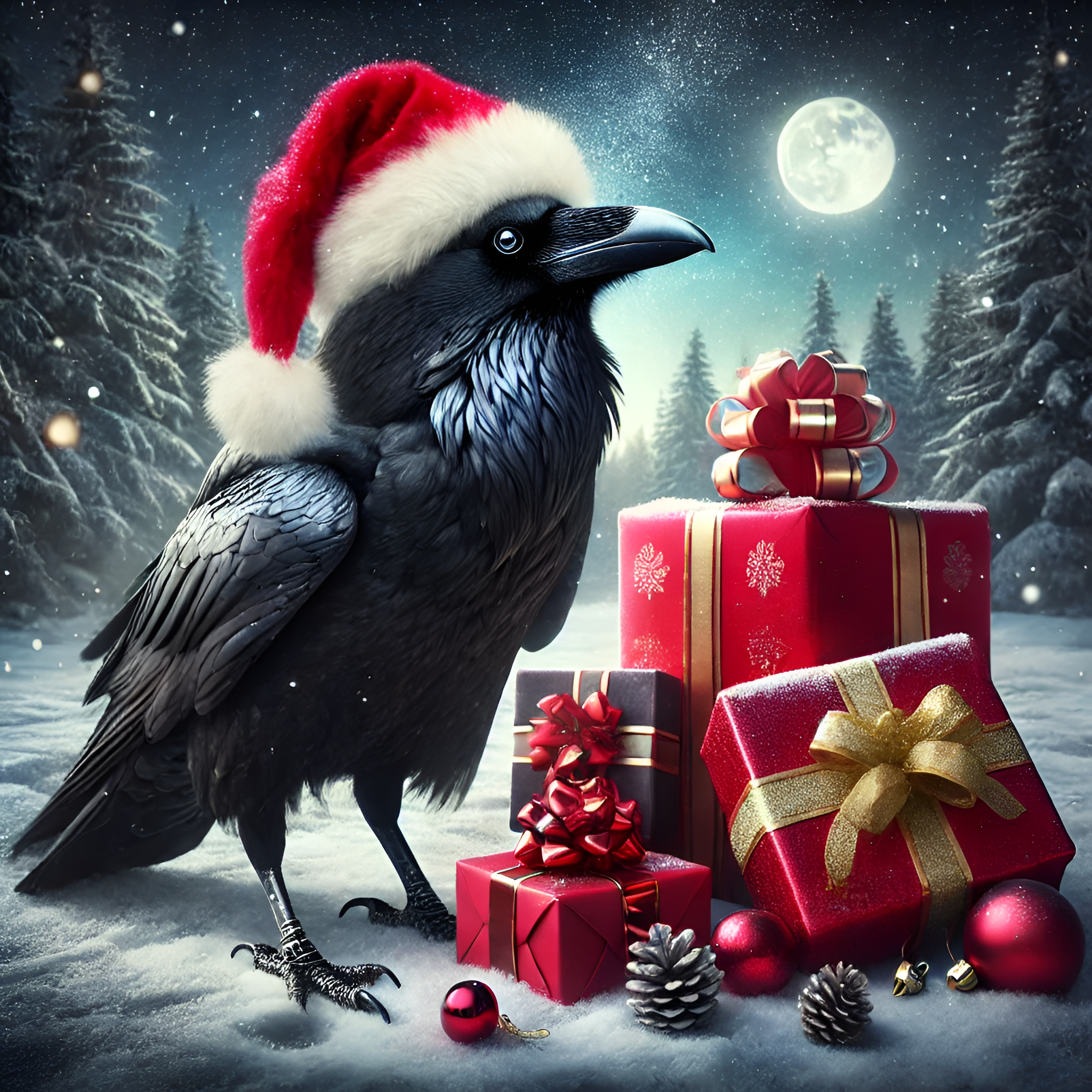 an image of a raven wearing a holiday hat standing by a pile of presents