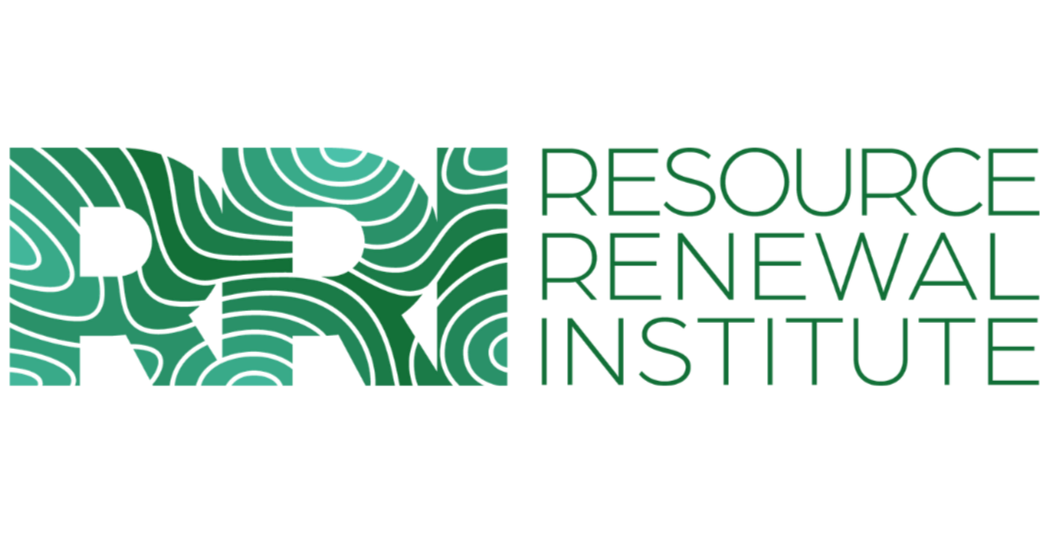 Graphic design with abstract green patterns on the left and text on the right reading 'Resource Renewal Institute' in green letters.