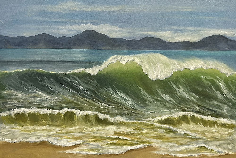 This energetic framed canvas wall art titled Wave Power by Daylesford artist Pam Gleeson, captures a cresting wave about to break on the sandy shore.
