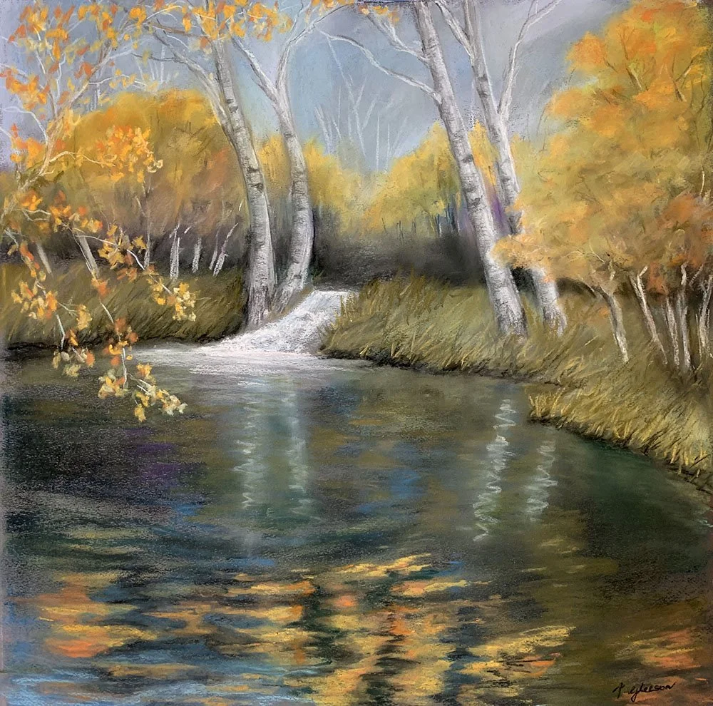 This pastel wall art titled The Secret Pool, by Daylesford artist Pam Gleeson, captures a tranquil pool with waterfall surrounded by autumn trees.