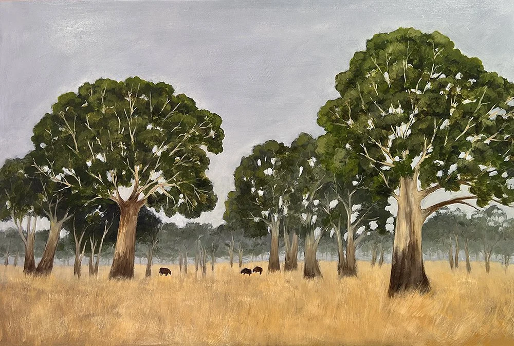 Oil on cradled board wall art titled Guardians of the Paddock by Daylesford artist Pam Gleeson depicts a typical scene in the Australian countryside.