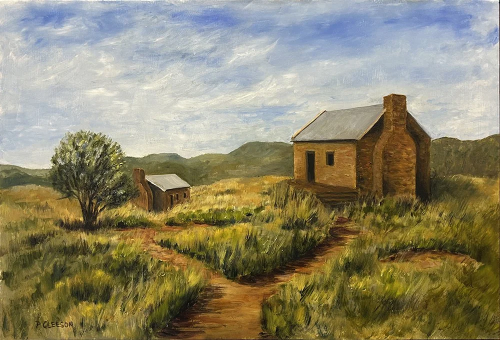 This oil on cradled board wall art titled Arltunga, by Daylesford artist Pam Gleeson, captures the remains of the historic gold mining town of Arltunga in Central Australia.