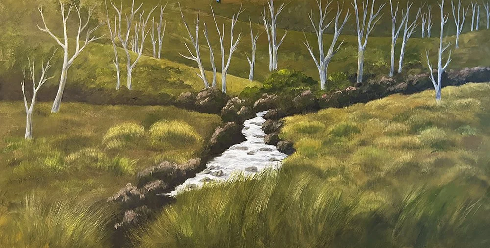 This peaceful wall art titled Ronny Creek, by Daylesford artist Pam Gleeson, captures the button grass plains around Cradle Mountain in Tasmania.