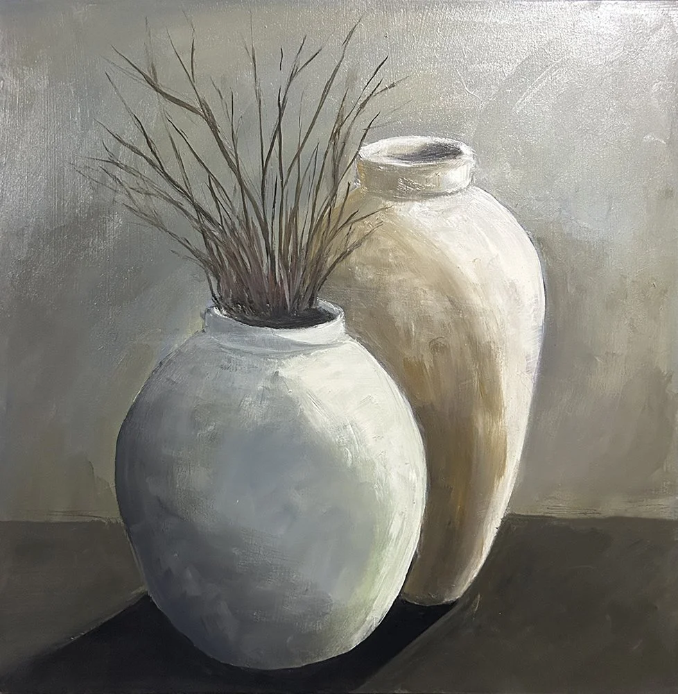 Oil on board still life wall art titled Pots I by Daylesford artist Pam Gleeson.