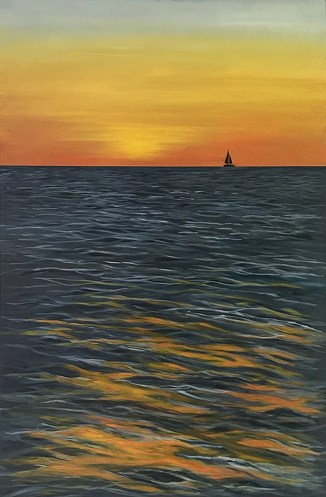 This dramatic seascape wall art titled Mindil Beach Sunset, by Daylesford artist Pam Gleeson, captures the view from Mindil Beach in Darwin at sunset with a sail boat silhouetted on the horizon.