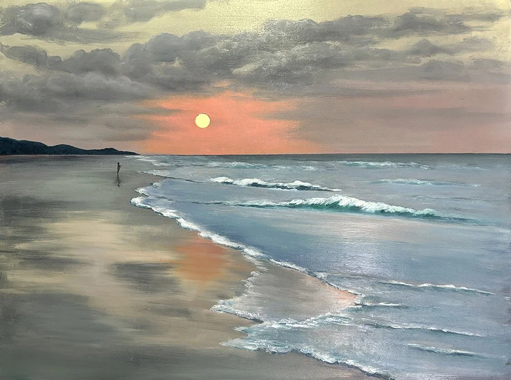 This peaceful beach art titled Morning Glory by Daylesford artist Pam Gleeson sold in 2025.