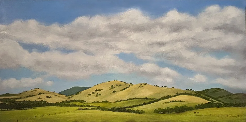 Colourful, Australiana wall art titled Pastoral Idyll by Daylesford artist Pam Gleeson shows the wide open spaces and big sky of the Australian landscape.
