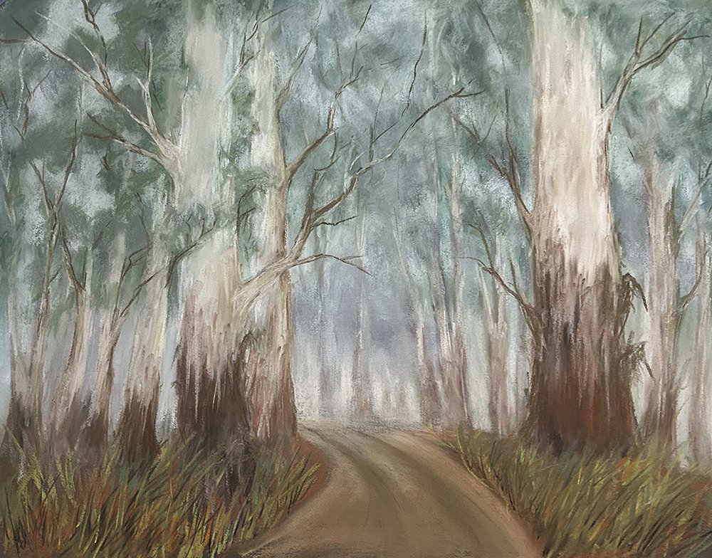 This pastel wall art titled The Sentries, by Daylesford artist Pam Gleeson, shows a forest scene in the Central Highlands of Victoria.