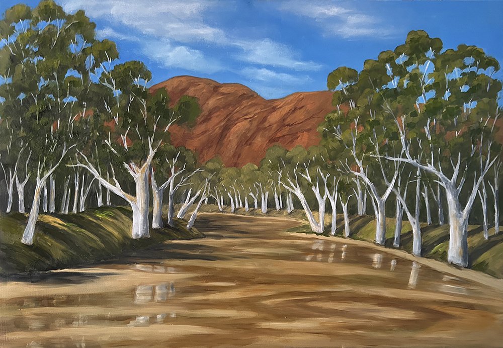 This Australiana wall art titled Trephina Creek, by Daylesford artist Pam Gleeson, captures the sandy bed of Trephina Creek in the Eastern MacDonnell Ranges near Ayers Rock.