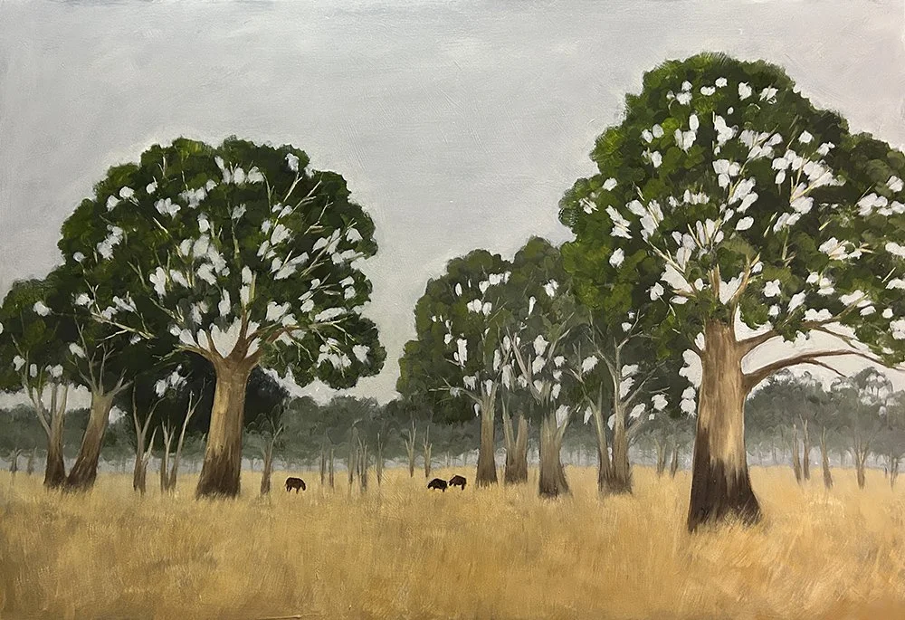 Oil on cradled board wall art titled Guardians of the Paddock by Daylesford artist Pam Gleeson depicts a typical scene in the Australian countryside.