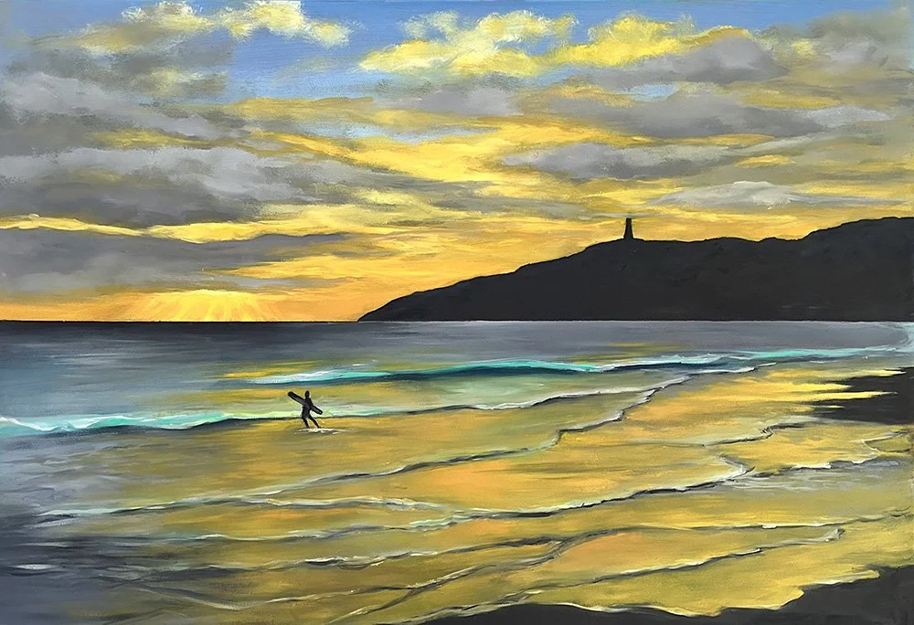 Peaceful oil on cradled board wall art by Daylesford artist Pam Gleeson shows a surfer entering the water at Byron Bay at sunrise.