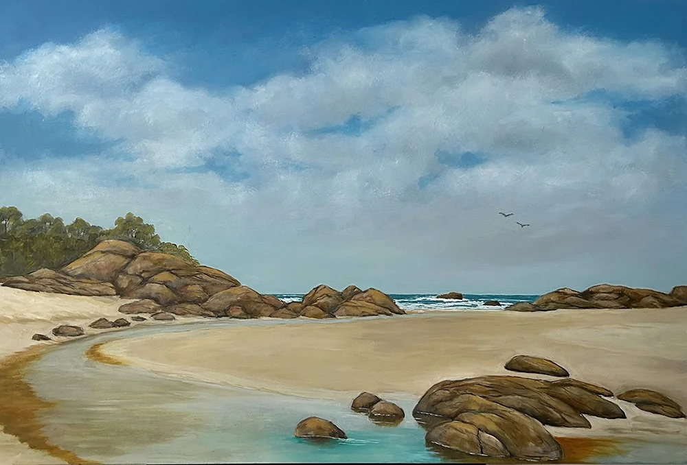 This colourful beach wall art titled South West Rocks by Daylesford artist Pam Gleeson depicts the tranquil estuary at South West Rocks running into the ocean.