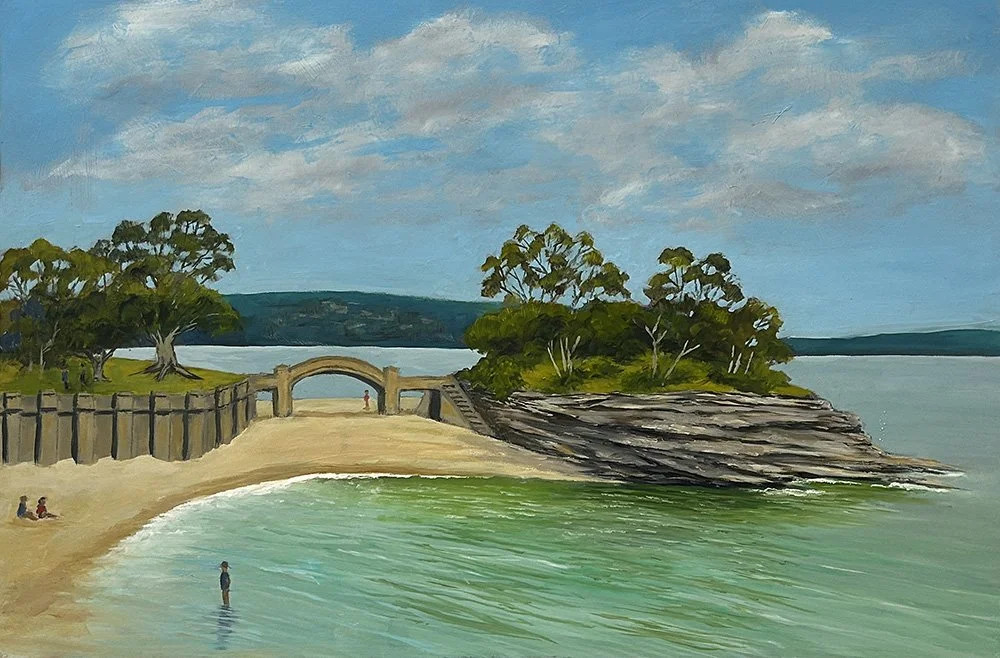 Bright beach wall art titled Balmoral Beach, by Daylesford artist Pam Gleeson, captures the shoreline at Balmoral Beach, tucked away in Sydney Harbour.