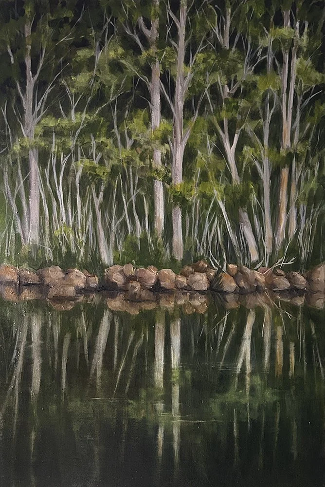 This atmospheric oil on canvas wall art titled Cockle Creek, by Daylesford artist Pam Gleeson, captures a tranquil forest scene in southern Tasmania..