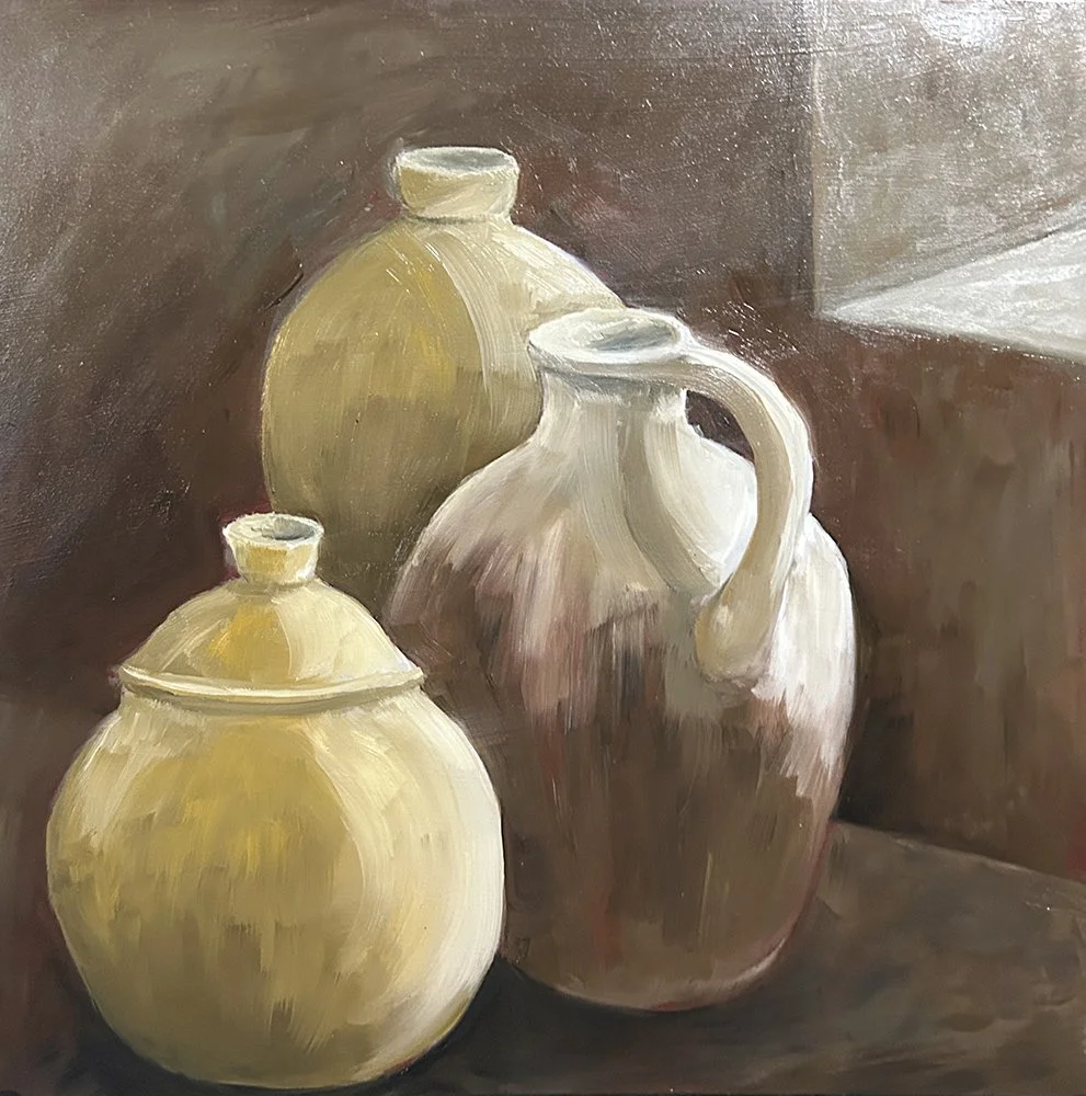 Oil on board still life wall art titled Pots II by Daylesford artist Pam Gleeson.