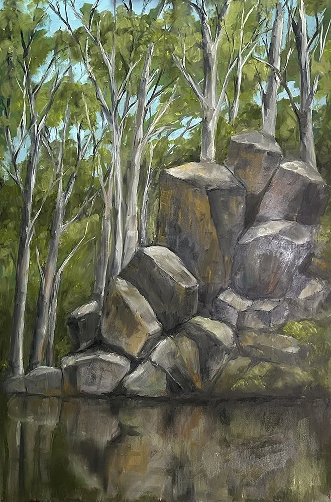 Oil on cradled board wall art titled Sailors Creek by Daylesford artist Pam Gleeson captures a tranquil moment on Sailors Creek in Daylesford.