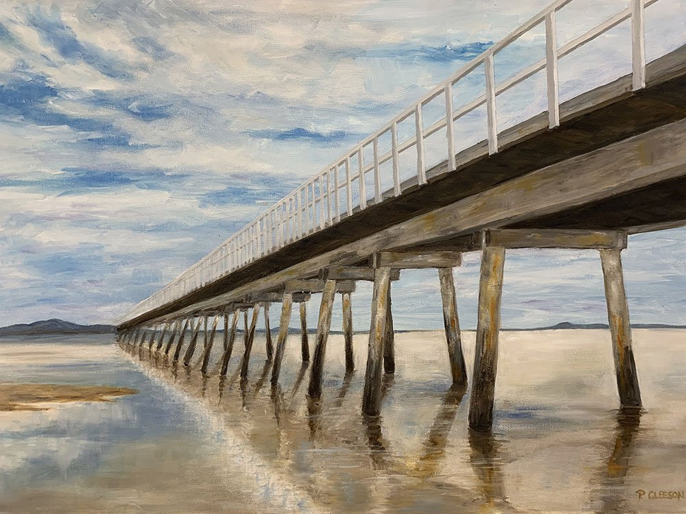 Oil-on-stretched-canvas wall art titled The Jetty, by Daylesford artist Pam Gleeson, shows the Long Jetty in Port Welshpool, Victoria.