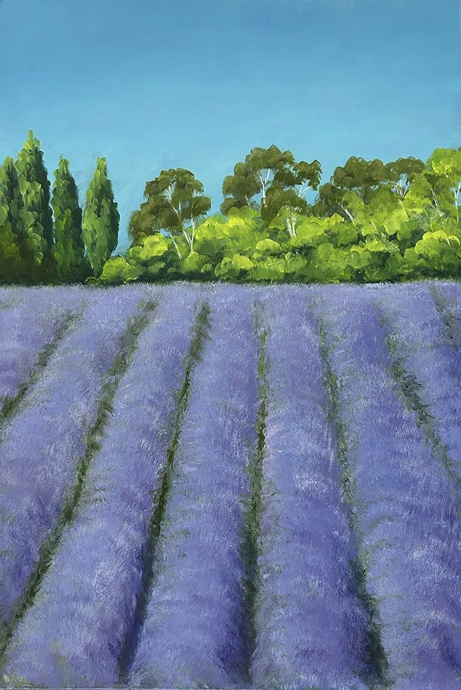 Colourful wall art titled Lavandula 2 by Daylesford artist Pam Gleeson shows a field of flowering lavender near Daylesford.