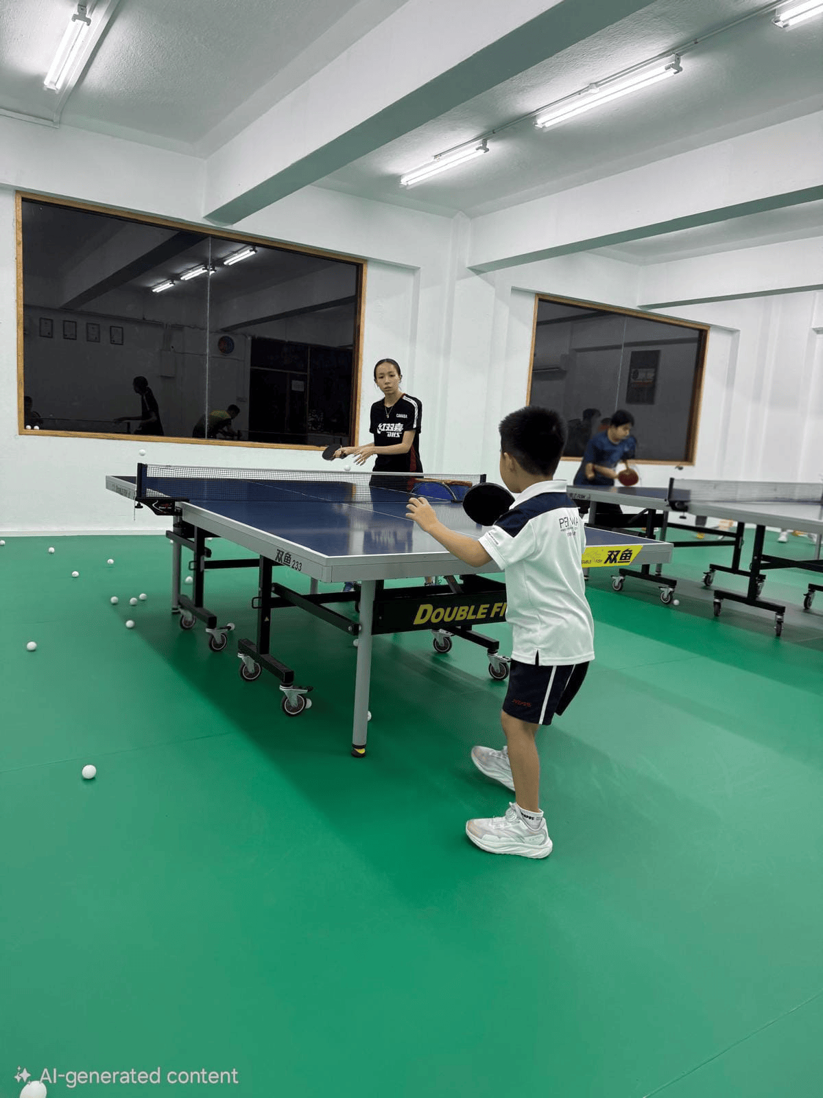 A young boy wearing a white sports shirt and shorts playing table tennis against a young woman in a black sports shirt in a gym with green flooring and white walls, with another boy practicing basketball in the background.