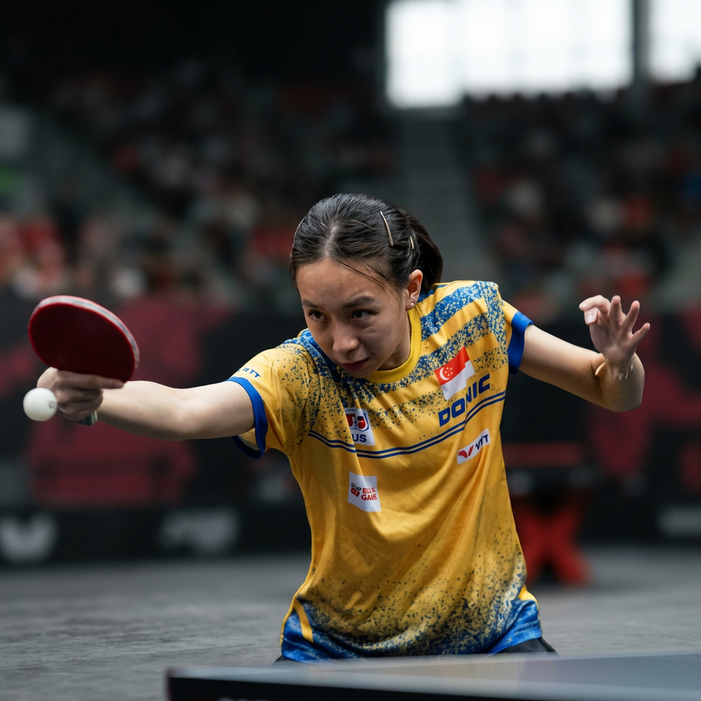 A female table tennis player in a yellow and blue uniform with a Singapore flag logo, intensely hitting a ball with a paddle during a match.