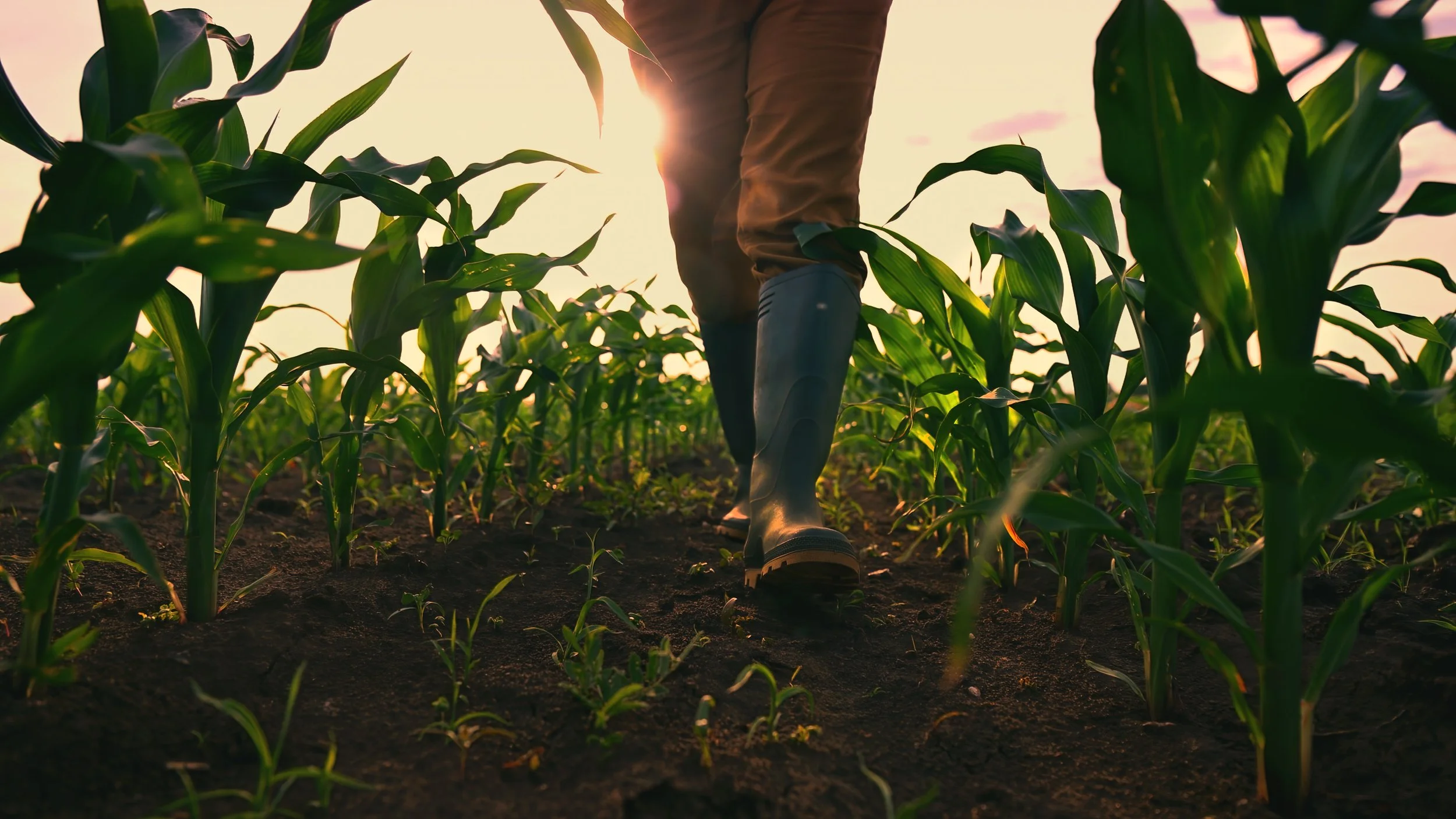 A person walking through a green crop field during sunset, wearing brown pants and waterproof boots.