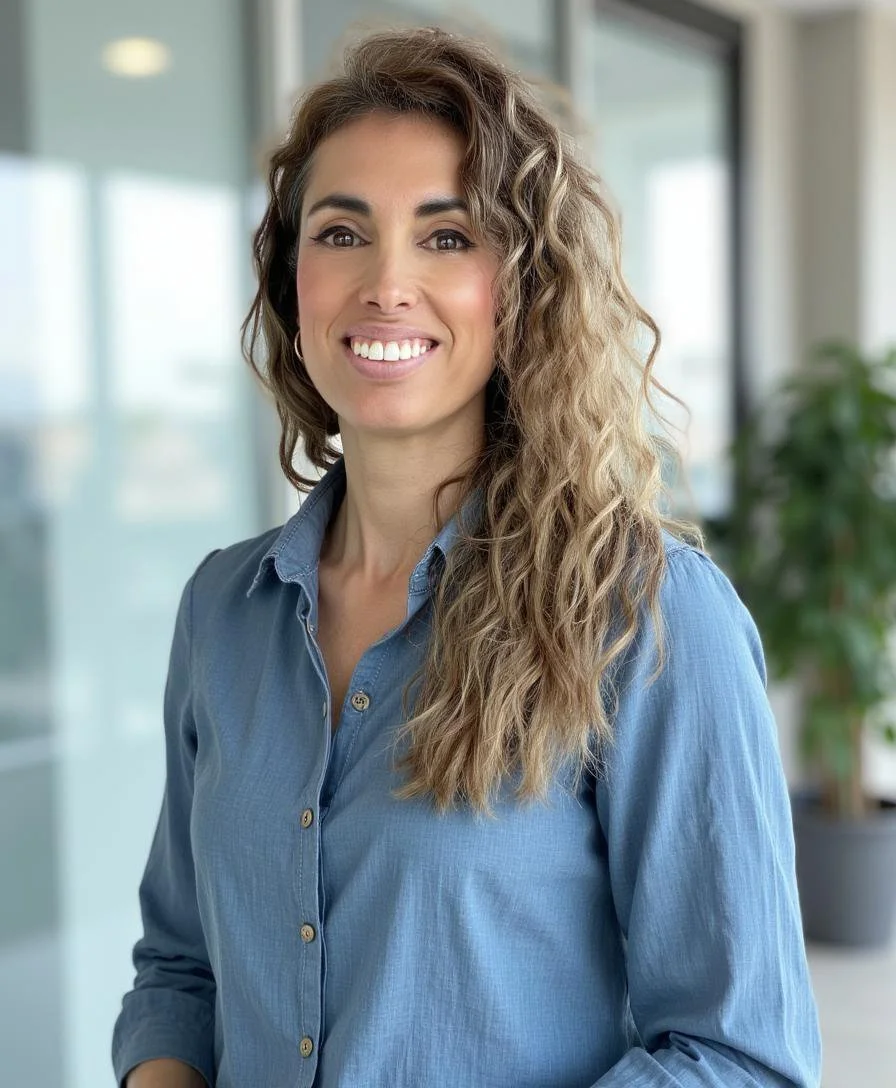 A woman with curly light brown hair, wearing a blue button-up shirt, smiling in an office setting with glass doors and a potted plant in the background.