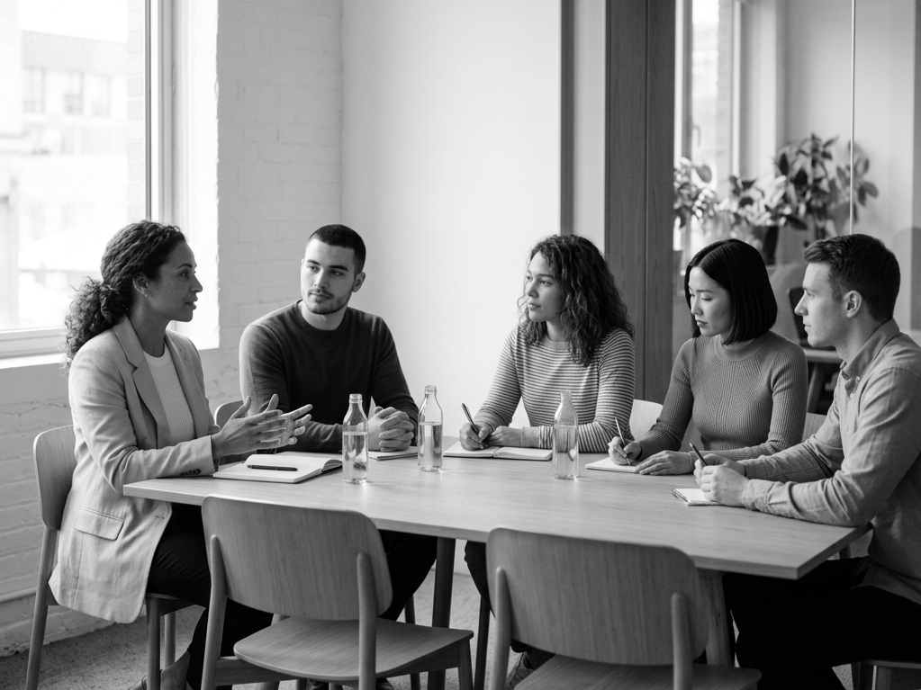 A diverse group of five people sitting around a table in a meeting room, engaged in discussion. The woman on the left is speaking, while the others listen and take notes. There are notebooks and bottled drinks on the table.