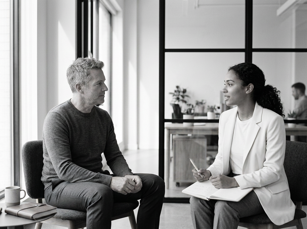 A therapy session or counseling session with a woman and a man sitting across from each other in an office, engaging in conversation.