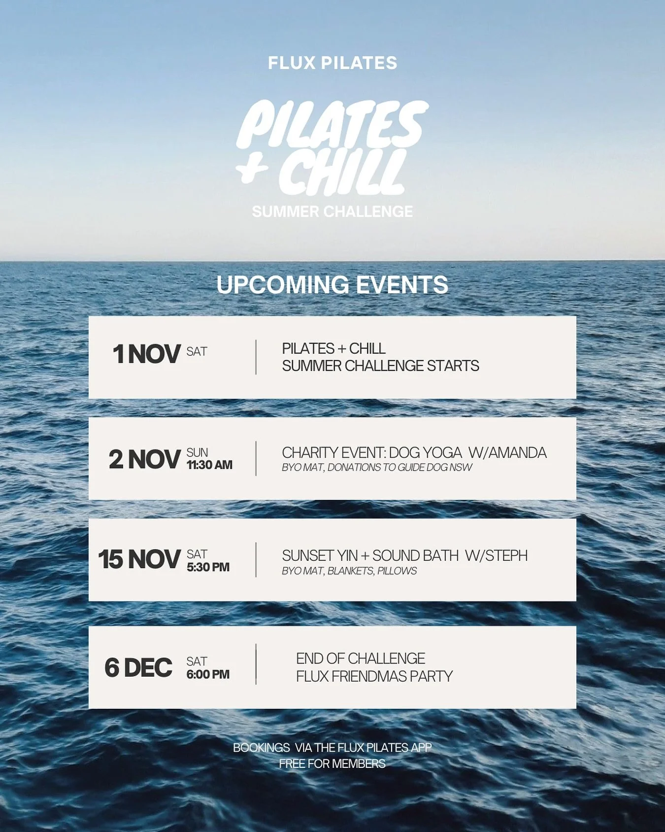 PILATES + CHILL SUMMER CHALLENGE LINEUP

Summer&rsquo;s coming in hot, and we&rsquo;re keeping the energy high with a lineup of events to keep you moving, motivated and vibing all season long.

All sessions are free for Flux members.
Non-members can 