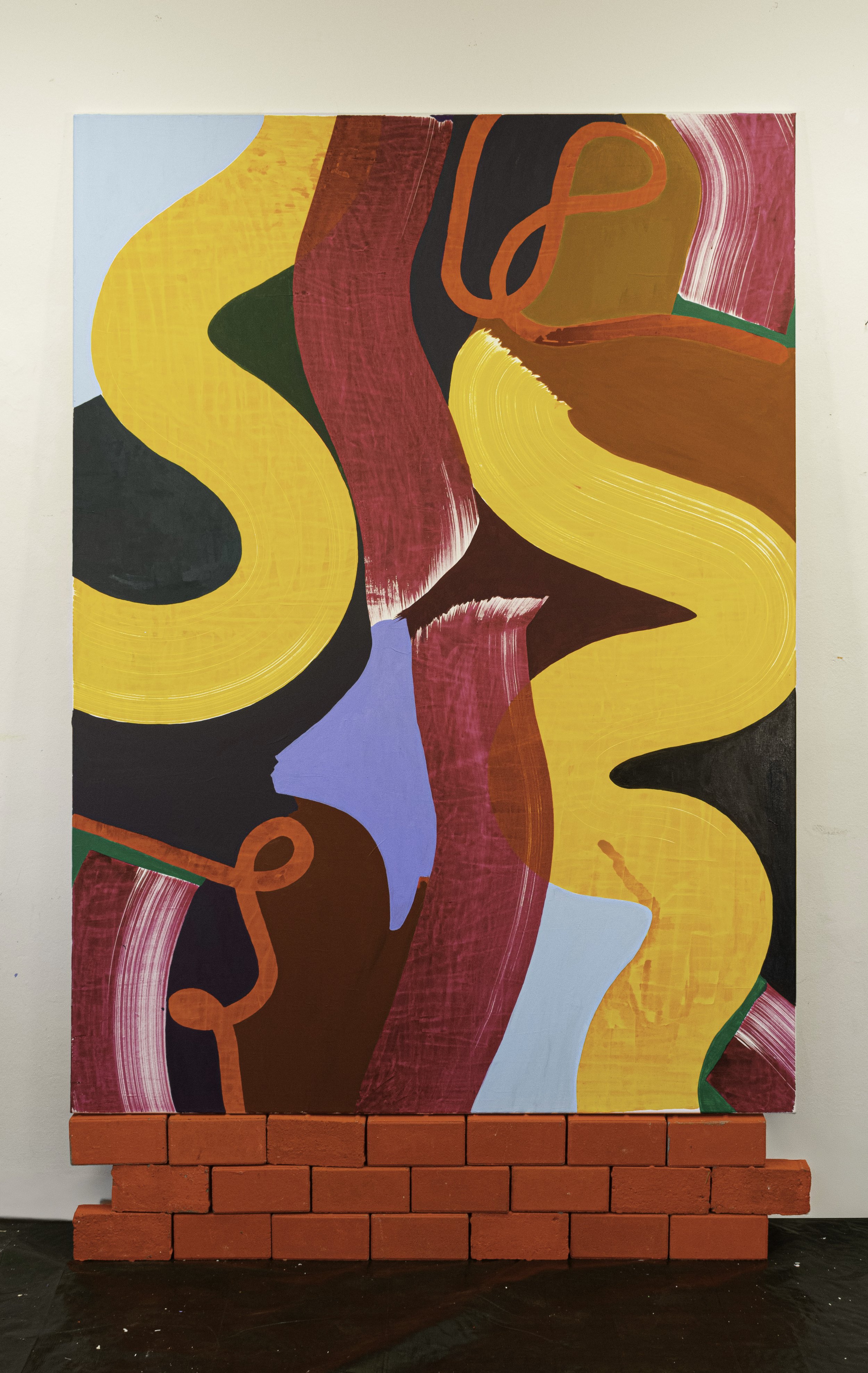 Built, 229 x 145 cm, Tusche und Acryl auf Leinwand und Acryl auf Backstein, 2025, Stöhr@VG-Bildkunst