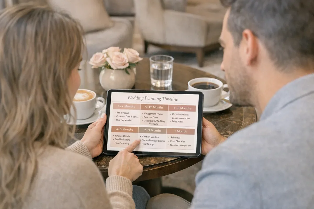 Wedding planner northern california timeline board on a tablet showing month-by-month milestones, with a couple reviewing it over coffee in a luxury hotel lobby, soft natural light, candid documentary style
