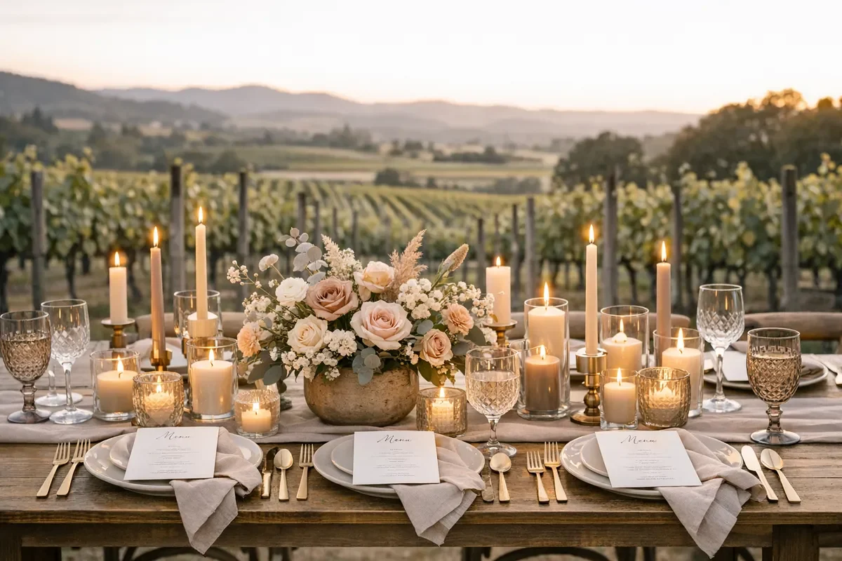 Sustainable vineyard wedding tablescape with locally sourced florals, vintage glassware rentals, linen napkins, minimalist menu card, abundant candlelight, and Sonoma vineyard background