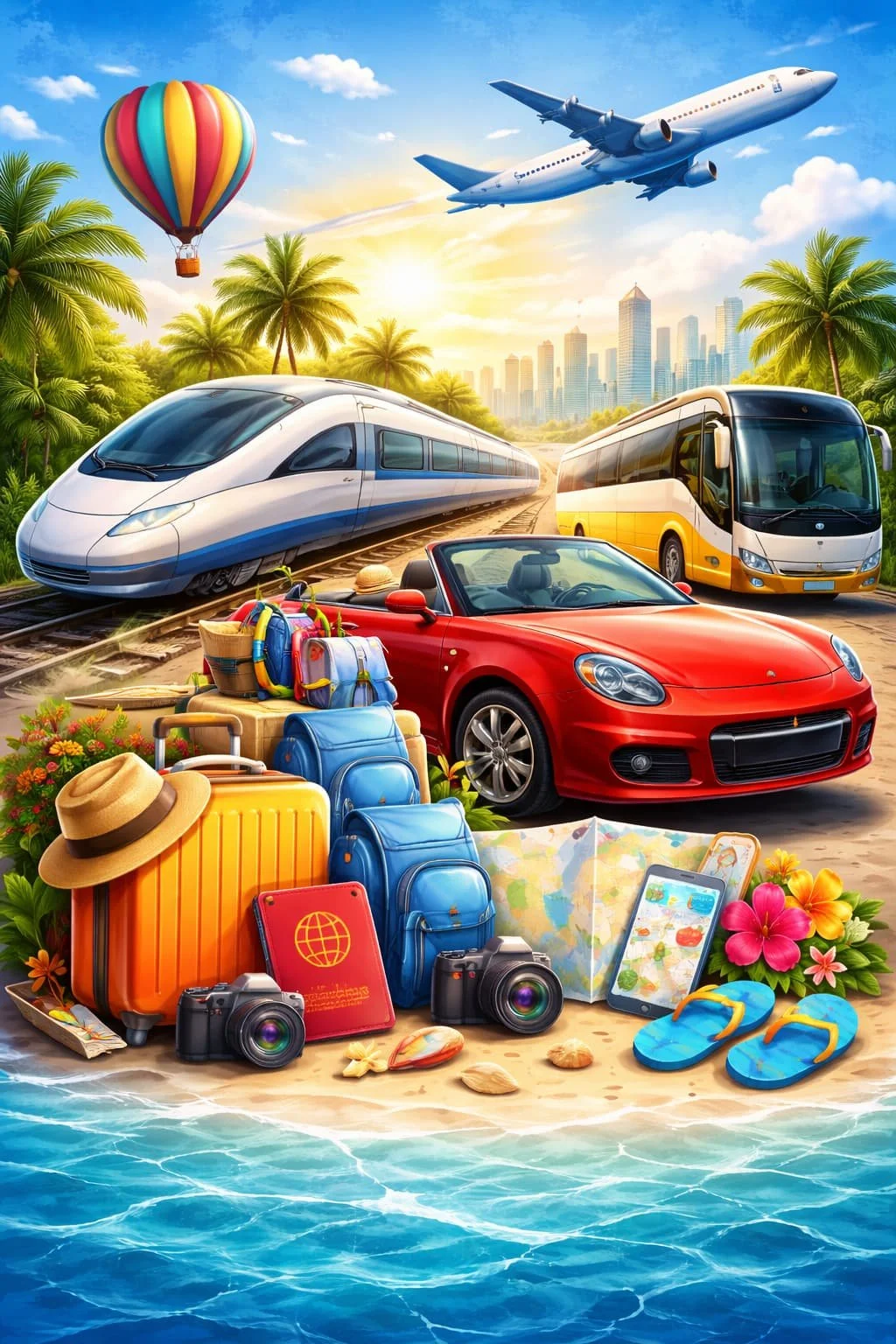 Travel scene with a car, train, bus, airplane, hot air balloon, luggage, maps, and beach items by the water under a sunny sky.
