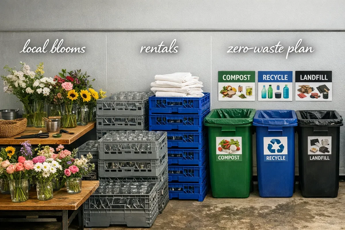 Flower arrangements, stacked rental crates, folded linens, and compost, recycle, and landfill bins with labeled signs in a workspace.
