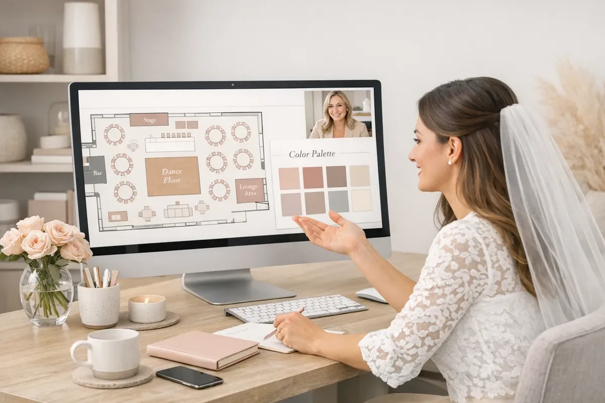 Bride-to-be on a video call with a Northern California wedding planner, reviewing a digital venue floor plan and a color palette on screen, modern home office setting, calm and confident planning moment.