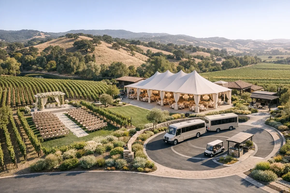 Aerial view of an exclusive Northern California wedding venue showing a vineyard ceremony site, a tented reception with chandeliers, and a shuttle loop area for guest transportation, crisp daylight, luxury.
