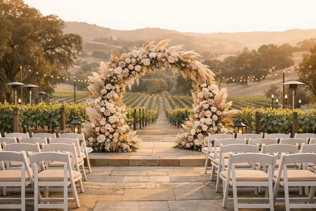 Golden hour view of a private vineyard ceremony site in Northern California with rows of vines, white chairs, a sculptural floral arch, and discreet lighting prep in the background, luxury wedding venue atmosphere.