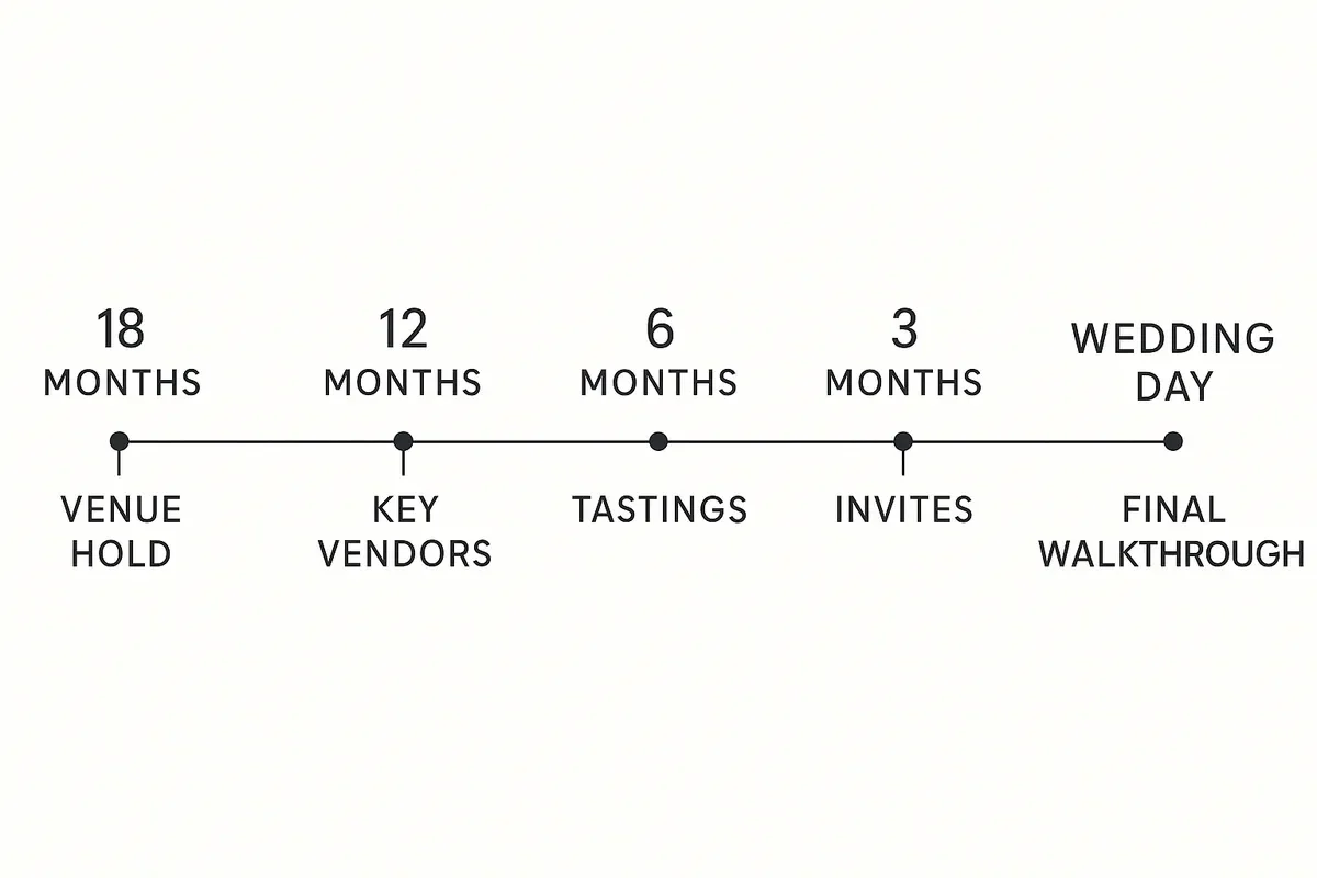 A wedding planning timeline with key milestones from 18 months to the wedding day, including venue hold, key vendors, tastings, invites, final walkthrough.
