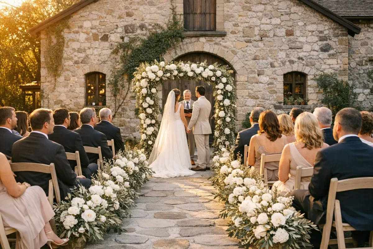 Golden hour ceremony setup for Buena Vista Winery weddings with historic stone backdrop, aisle lined with white florals and olive branches, guests in formal attire, soft Sonoma sunlight