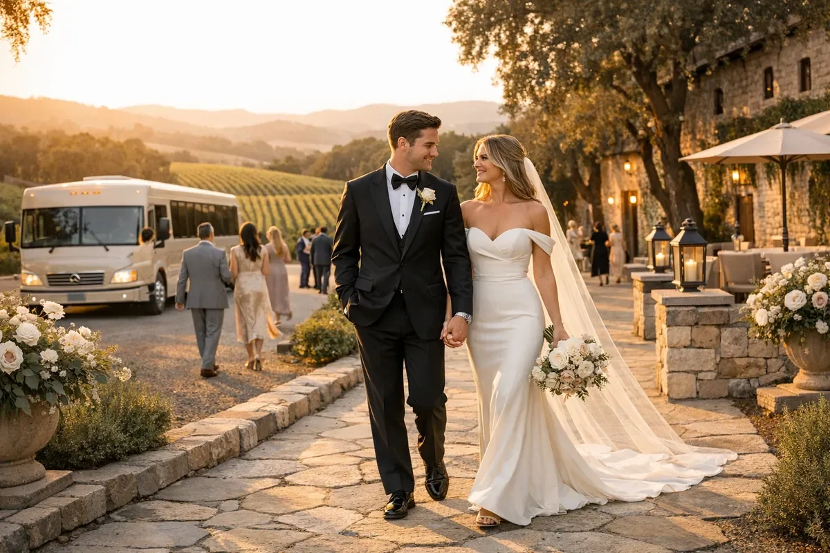 Affluent wedding couple in formal attire walking a stone path at Buena Vista Winery Sonoma at golden hour, vineyard rows in the background, guests arriving by shuttle, cinematic luxury vineyard wedding