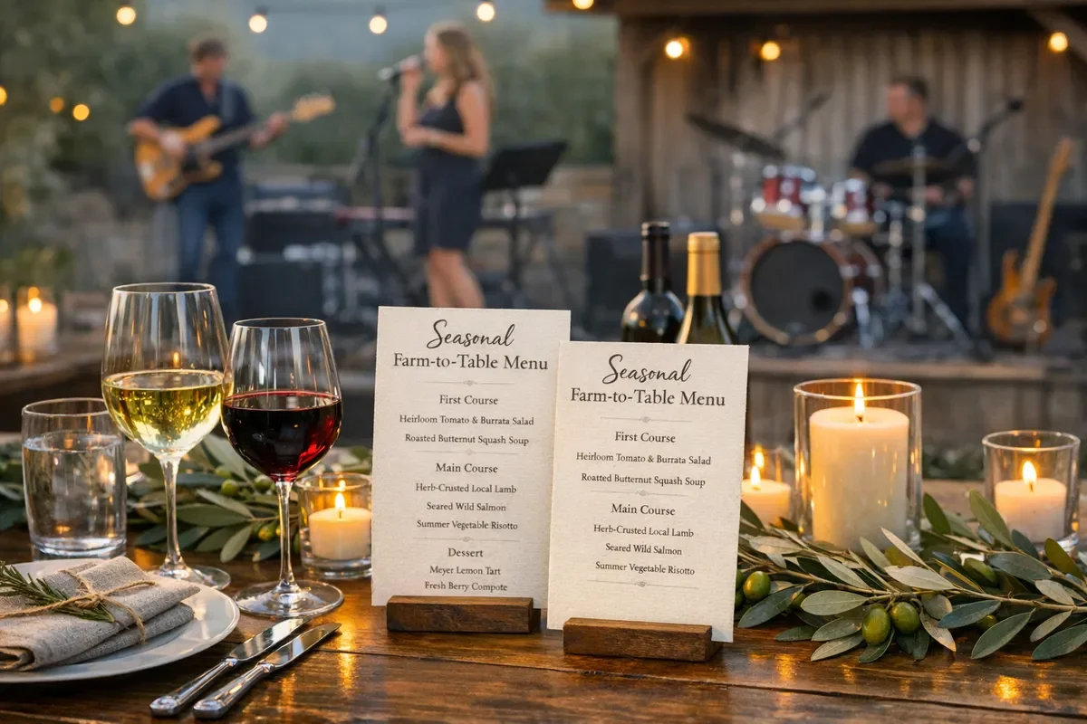Outdoor dinner table with candles, wine, menus, and appetizers; napa destination wedding planner curates a live band under string lights.
