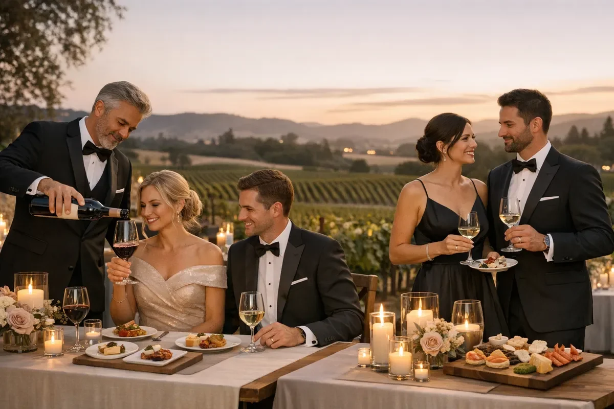 Elegant wine tasting wedding experience in Sonoma with two curated pairing stations, sommelier pouring, small plated bites, guests in black-tie attire, soft candlelight and vineyard views at dusk