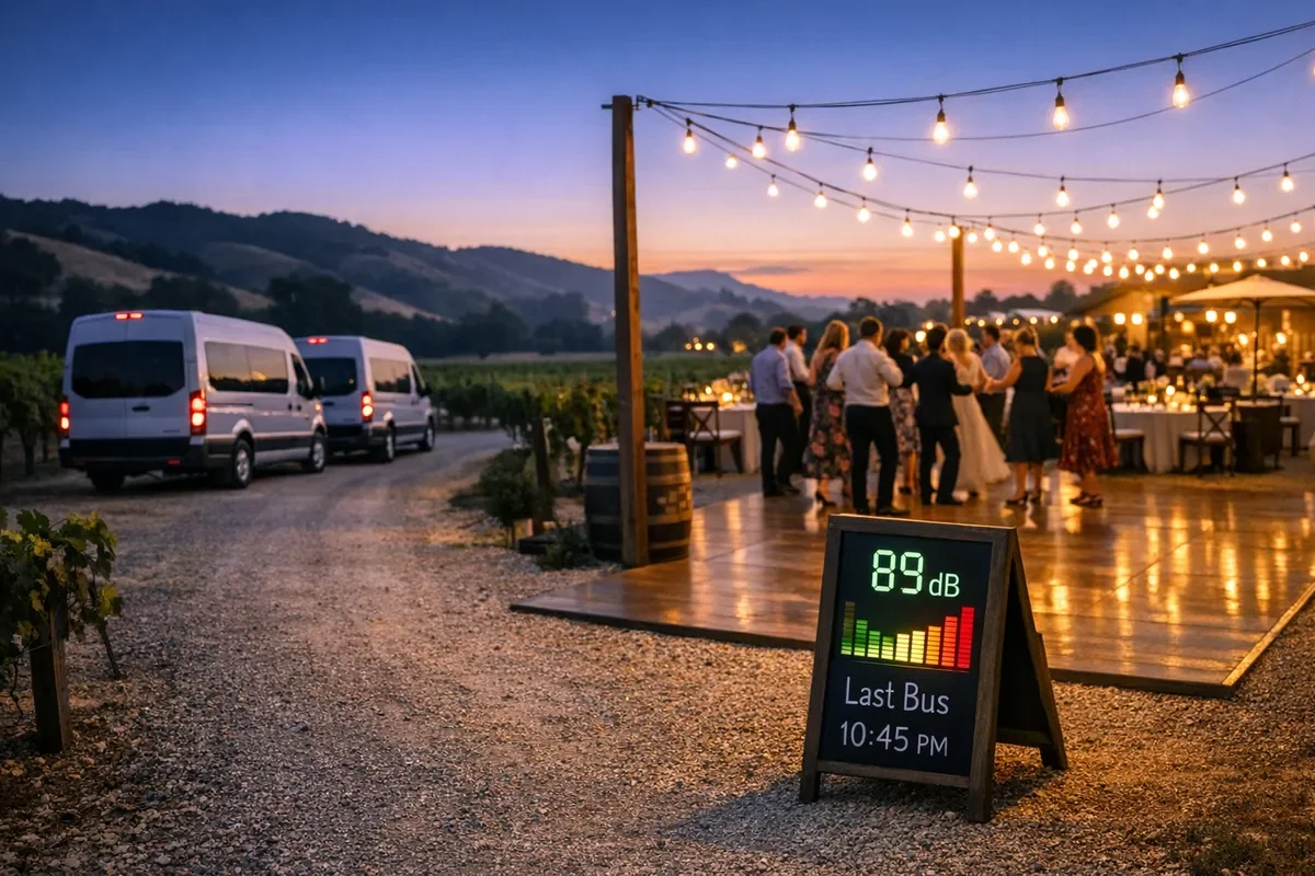 People dancing under string lights at an outdoor event, with vans nearby and a sign showing sound level and last bus time.